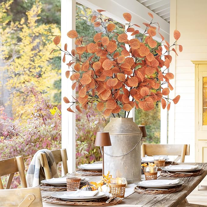 16Pcs Artificial Eucalyptus Leaves Stems 33.8‘’ Eucalyptus Branches Fake Poinsettia Flowers Faux Plants for Home Table Fireplace Party Wedding Thanksgiving Décor