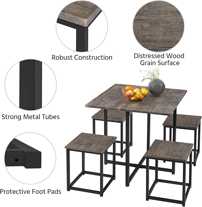 Yaheetech Industrial Dining Table Set for 4 Compact Kitchen Table and 4 Stools, Space-Saving Design for Apartment, Small Space, Breakfast Nook, Drift Brown