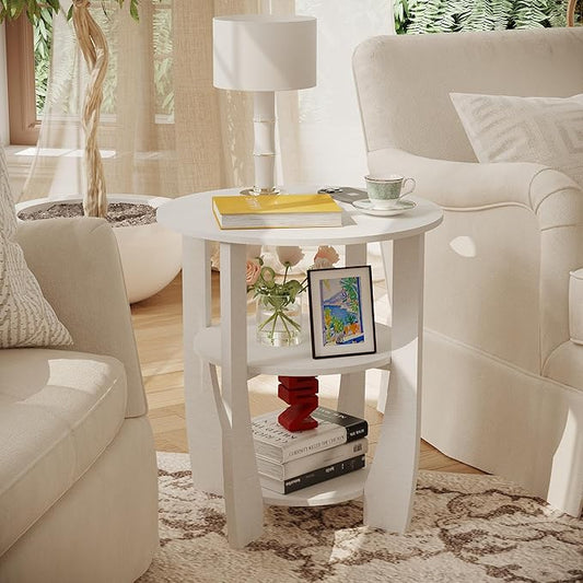 Round End Table with Storage Shelf,3 Tier Modern Side Table, Sofa Recliner Side Table,Accent Coffee Table,Nightstand for Living Room Bedroom for Small Spaces,19.7" D x 21.7" H