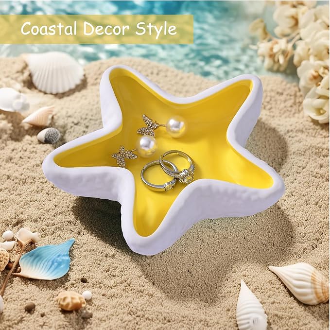 Ceramic Starfish Jewelry Tray, Shell Trinket Dish, Ocean-themed Ring Holder Dish Decorative Tray for Earrings Necklaces Bracelet Watch Key, Yellow Room Decor for Gift