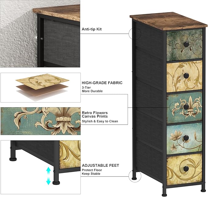 Tohomeor Narrow Storage Dresser Slim Dresser with Retro Flowers Fabric Drawers Vertical Skinny Cabinet for Small Spaces,Bathroom,Bedroom Closet Nightstand,Entryway Organizer (Retro Flower, 5 Drawers)
