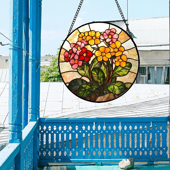 Stained Glass Window Hanging, Yellow Red Flowers Sun Catcher for Window Door Home Decor Green Plant Suncatcher Christmas Mother's Day Birthday Gifts for Women Men Mom and Nana 9.8 in