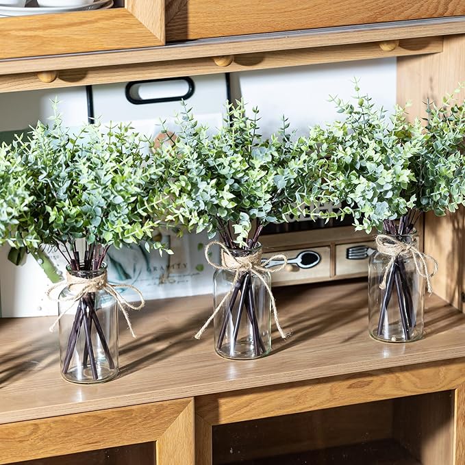 14" Artificial Eucalyptus Stems in Glass Vase, Fake Plants Faux Eucalyptus Branches Greenery Stems for Home Decor Farmhouse Wedding Table Decoration (1)