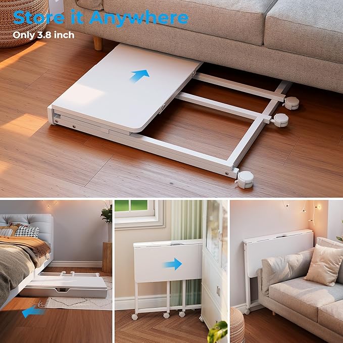 GreenForest Folding Desk with Adjustable Tiltable Desktop 0-90°, 31.5 inch Small Desk with Wheels, Rolling Drafting Table for Laptop, Reading, Writing, Drawing, Work, White