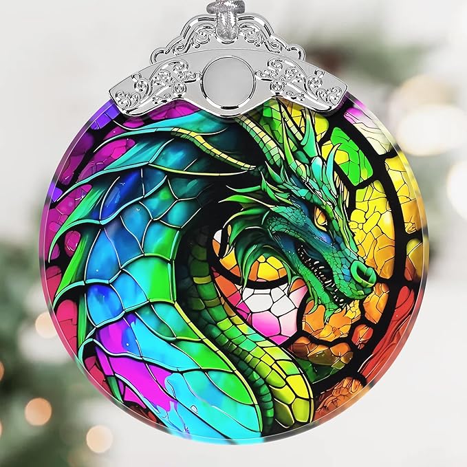 Majestic Dragon Christmas Ornament - Stained Glass Hanging Decoration for Tree, Gift Idea