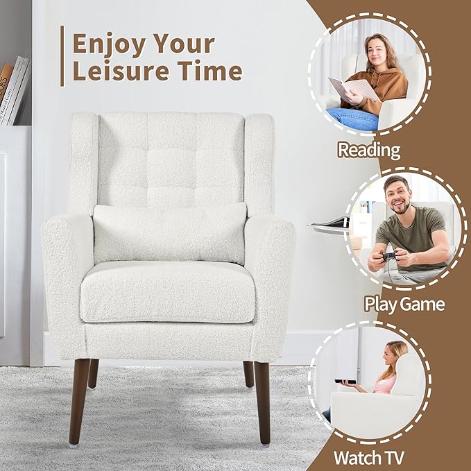 Modern Accent Chair, Upholstered Arm Chair with Waist Pillow, Single Sofa Chair for Living Room Bedroom Small Spaces (White)