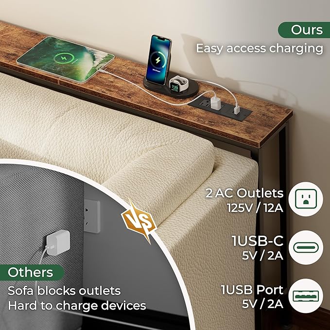 SUPERJARE 102.4 Inch Sofa Table with Power Outlets and USB-C Ports, 5.9 Inch Narrow Console Tables, Entryway Hallway Couch Tables with Storage, Behind Sofa, Small Spaces, Living Room, Rusitc Brown
