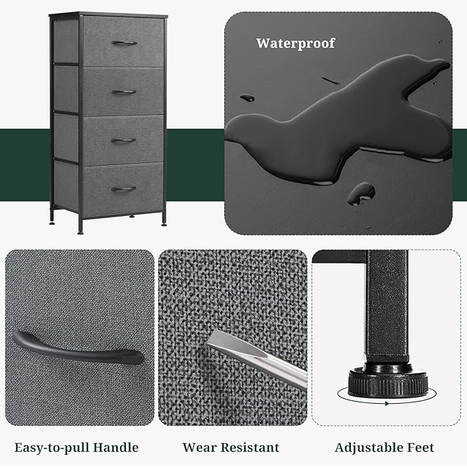 Nightstand, 4 Drawer Dresser End Table Bedside Furniture with Wooden Top Steel Frame Fabric Bins for Bedroom, Closet, Entryway, Dorm, Living Room, Gray