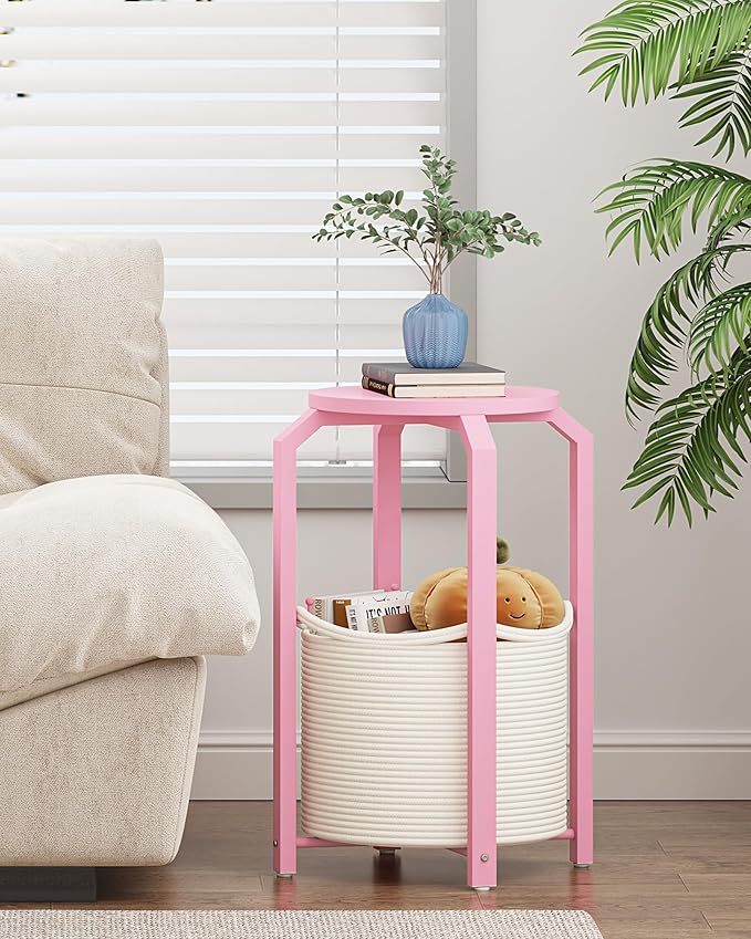 TUTOTAK Small Side Table, Round End Table, Night Stand, Bedside Table, Sofa Table with Storage Basket, Living Room, Bed Room, Pink TB01BP092
