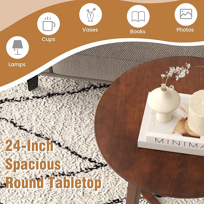 Giantex 24" Round End Table, Mid Century Modern Side Table with Adjustable Foot Pads, Sofa Couch Accent Table, Small Coffee Table for Small Space Living Room, Nightstand for Bedroom (Walnut)