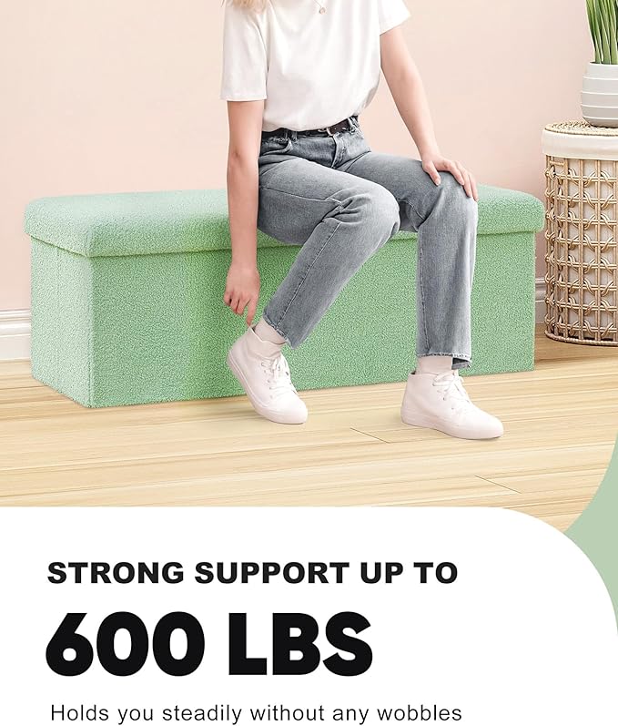 B FSOBEIIALEO Small Storage Ottoman Cube Sherpa Ottomans Foot Rest, Foldable Boucle Ottoman Bench, Faux Teddy Fur, Green 43.3"x15"x15"