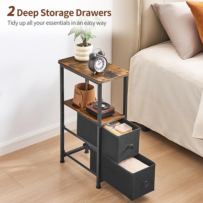 End Table, Narrow Side Table with 2 Fabric Drawers, Slim Nightstand, Small Bedside Table with Storage, Living Room, Bedroom, Rustic Brown HKET1200BR