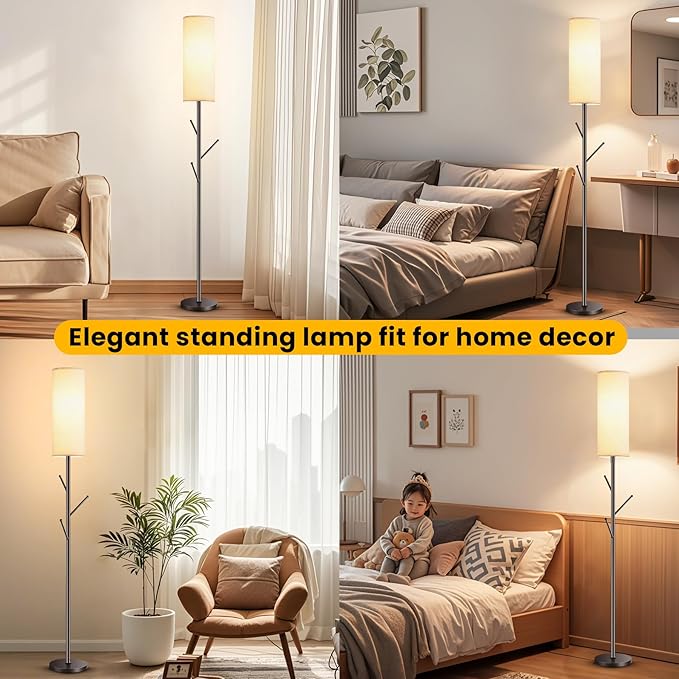 Tall Floor Lamp for Living Room,Modern Standing Lamp with 3 Hooks Clothes Rack,Multi-Functional Floor Light with 9W LED Bulb,Adjustable Color Temperature,Dimmable Floor Lamp for Bedroom Office