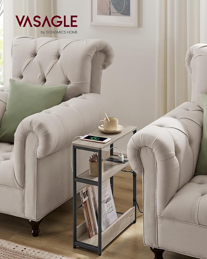 VASAGLE Side Tables with Charging Station, Set of 2 Narrow End Tables, 3-Tier Nightstands, Sofa Tables for Small Spaces, for Living Room, Bedroom, Study, Heather Greige and Ink Black ULCT664K04