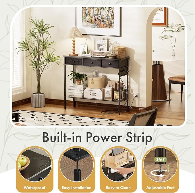 Entryway Table Sofa Console Table, Bamboo Small Entry Way Table with Drawers Storage and Power Outlets for Living Room, Hallway, Foyer, Entrance, Black