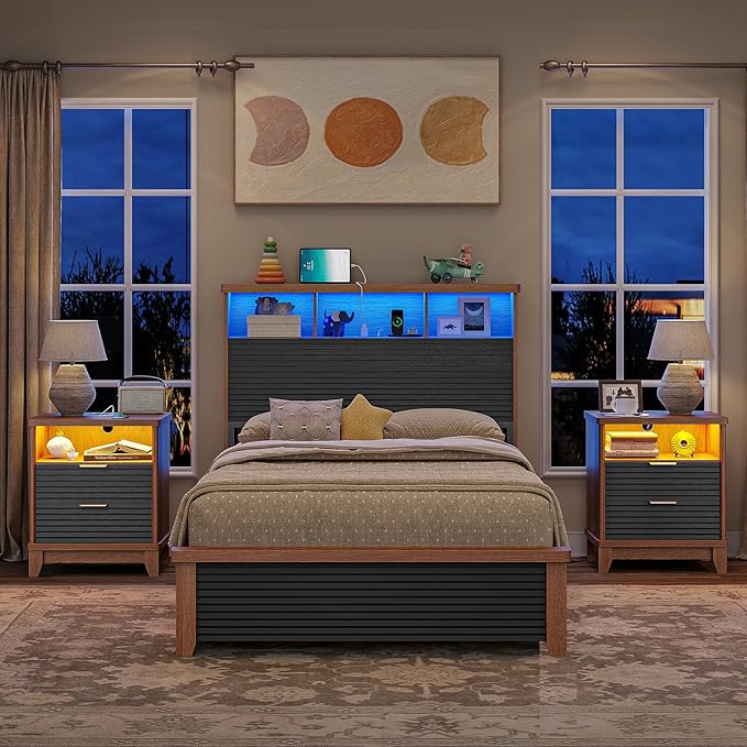 AOGLLATI Fluted Night Stand Set of 2 with Charging Station and 2 Drawers, Black Nightstands Set of 2, Beside Table with Open Storage and Led Lights, Retro End Side Table for Bedroom, Black