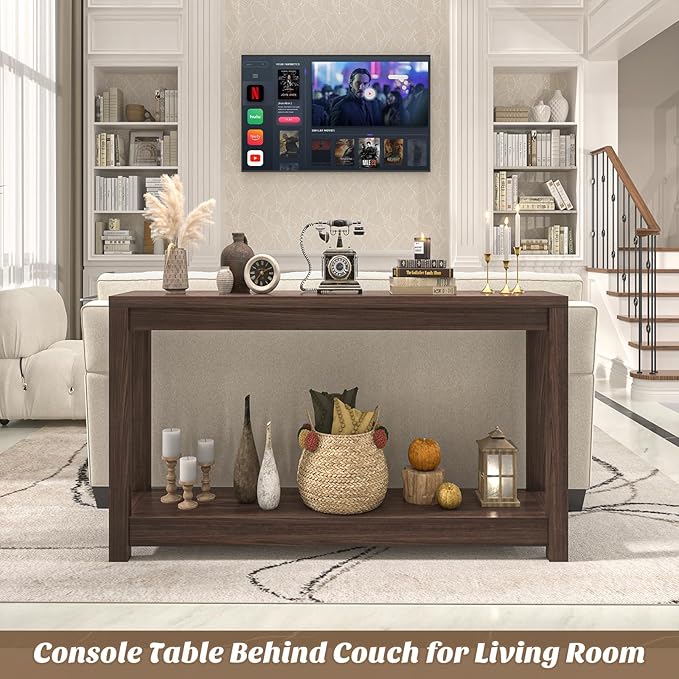 47" Farmhouse Wood Entryway Table Narrow Console Table with Storage Behind Couch Sofa Table with Shelves Entry Way Tables with Open Storage, Easy Assembly, Black Walnut