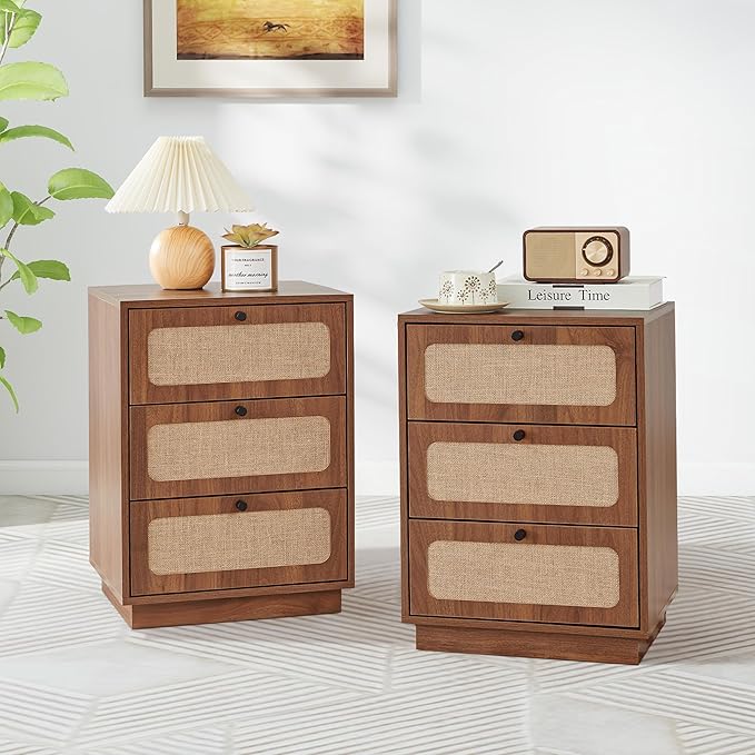 16 Inch Nightstand Set of 2, Mid-Century Wood Night Stand with 3 Storage Drawer, Farmhouse Small Linen Decor End Table for Sofa Couch, Side Tbale for Bedside Bedroom, Living Room (Walnut)