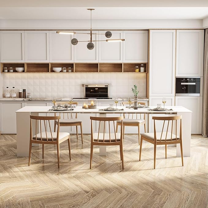 DMAITH 20"-118" White Extendable Dining Table for 2-12 People, Modern Modular Extension Table, Space-Saving Extra Long Folding Dining Table, Multifunctional Conference Meeting Table