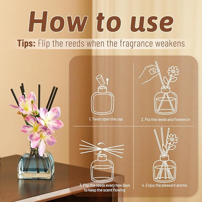 Flower Reed Diffuser Set, Rose Essential Oil with Scent Sticks, Home Fragrance and Air Freshener for Bathroom Shelf and Office Decor, Gift for Men and Women 3.4 oz