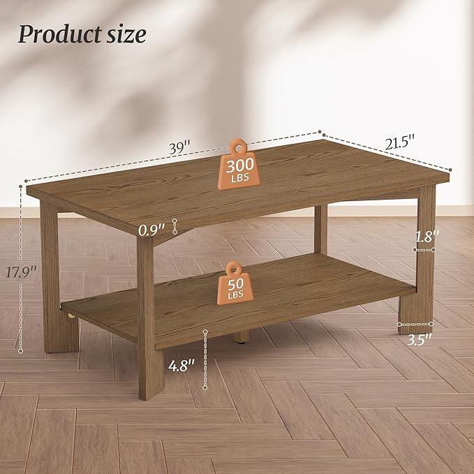 Rectangle Coffee Table, 39" Rectangle Rustic Modern Tea Table, Sofa Table with 2-Tier Storage Shelf for Living Room,Dark Wood