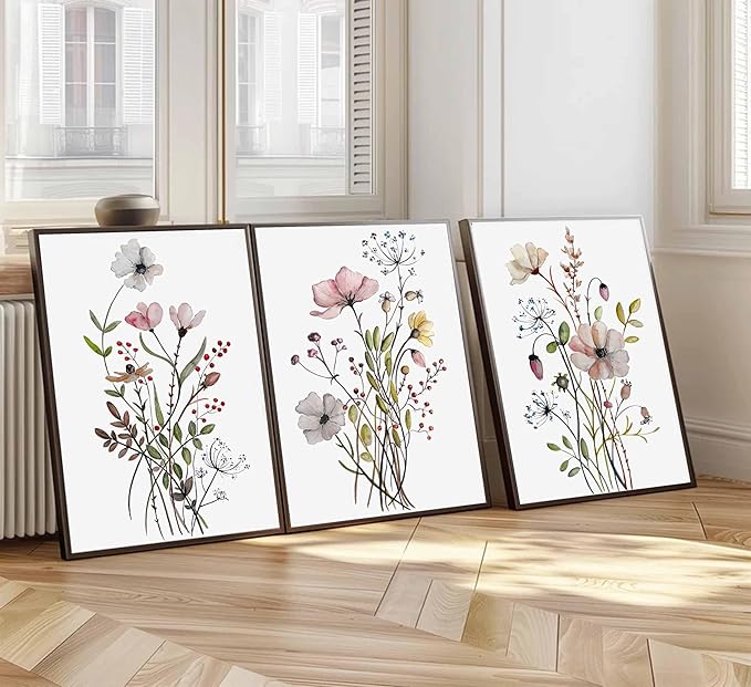 3Pcs Watercolor Wildflower Canvas Wall Art Modern Minimalist Colorful Botanical Floral Painting Pictures Wall Decor Flower Posters Print Artwork for Living Room Bedroom Home Decoration Unframed