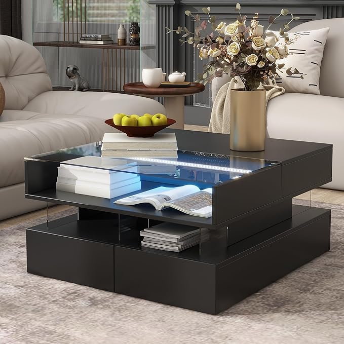 29.5" Lift Top Coffee Table with 2 Drawers and LED Lights, Modern Square High-Gloss Center Table Cocktail Tea Table with Glass Top and Hidden Space for Living Room Apartment Black