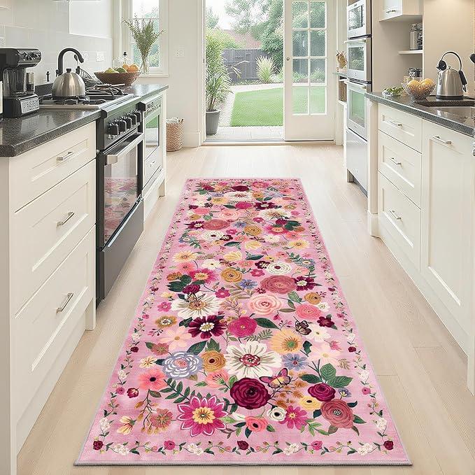 Pink Rug for Hallways Kitchen Rug 2x6, Non Slip Washable Rugs with Rubber Backing Soft Floral Carpet Runner for Hallways, Kitchen, Laundry, Bedroom, Bathroom (Pink Garden, 2 x 6)