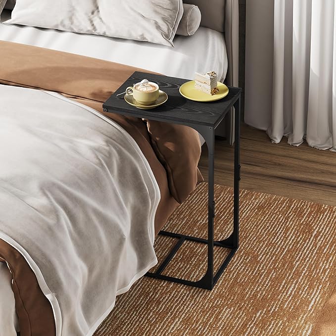 WLIVE C Shaped End Table, Small Couch Side Tables with Metal Frame, Sofa Table TV Tray for Living Room, Bedroom, Relief Black