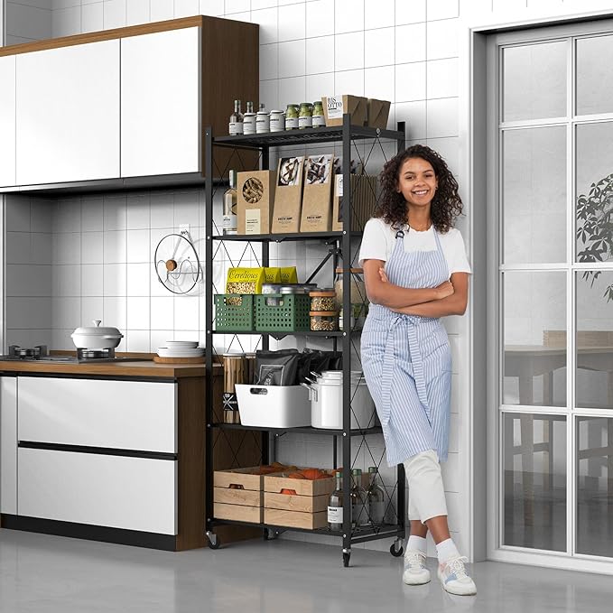 64" H 5 Tier Foldable Storage Shelf with Wheels, Folding Shelving Loads 500 LBS, Metal Steel Garage Shelves, Rolling Standing Utility Rack for Kitchen, Pantry, Office, Black