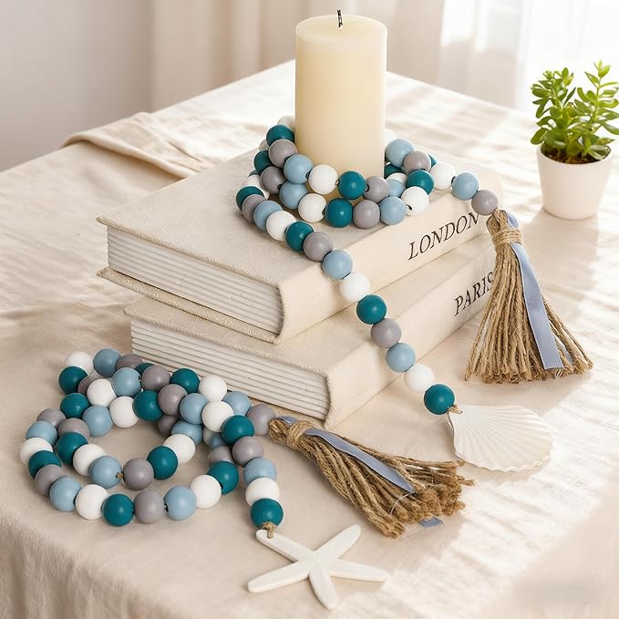 4 Pack Farmhouse Wood Bead Garland with Tassels, 39 in Rustic Boho Bead with Seashell Tag, Handmade Coastal Garland Beads for Tiered Tray, Wall Hanging, Wedding, Home Decor