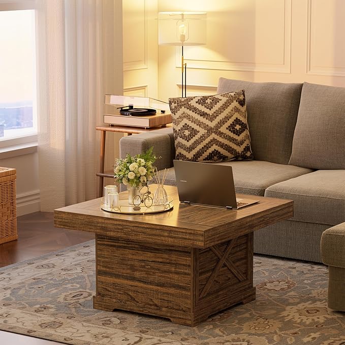 Coffee Table 31.5 in Rustic Center Table with X Design Wooden Pedestal for Living Room, Small Square Home Office Tea Accent Table for Dining Room Apartment, Walnut