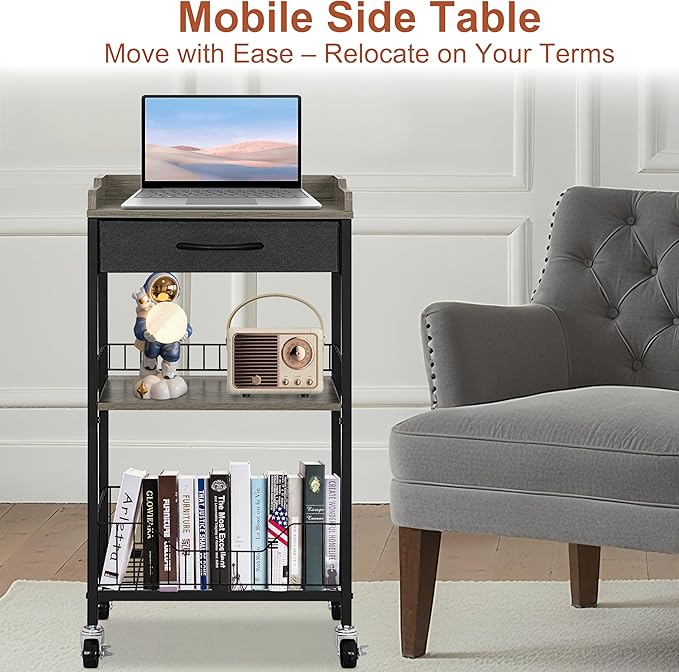 4-Tier Small Side Table with Optional Casters, Narrow End Table with Drawer and Shelves, Tall Nightstand for Dorm, Small Accent Table Stand for Living Room, Bedroom, Bathroom, Black& Grey
