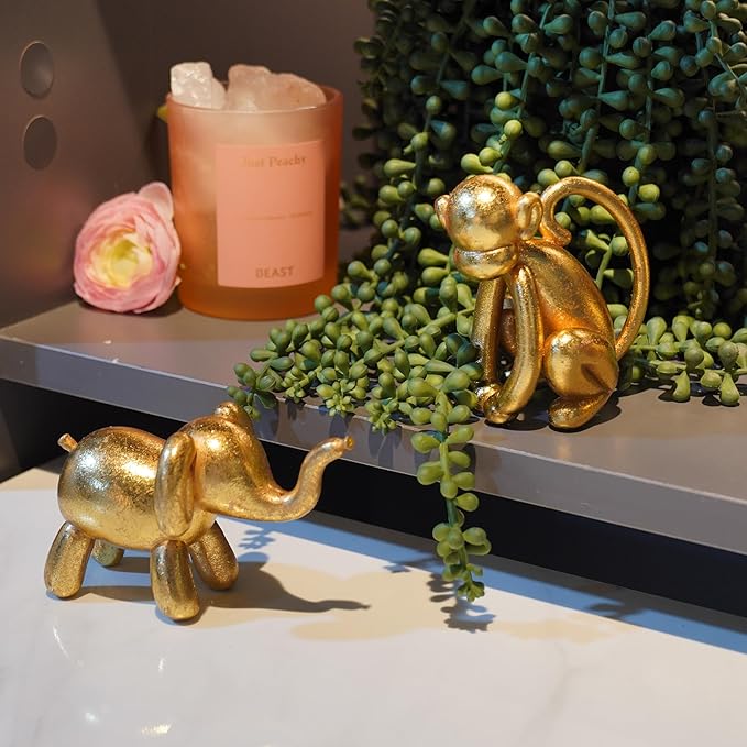 Guichifun Elephant Statue Home Decor Accents - Resin Cute Gold Balloon Elephant Figurines for Shelf Bookshelf TV Stand Modern Décor Bedroom Office Decorations Animal Gift 4.5 x 2.25 x 2.5 Inch