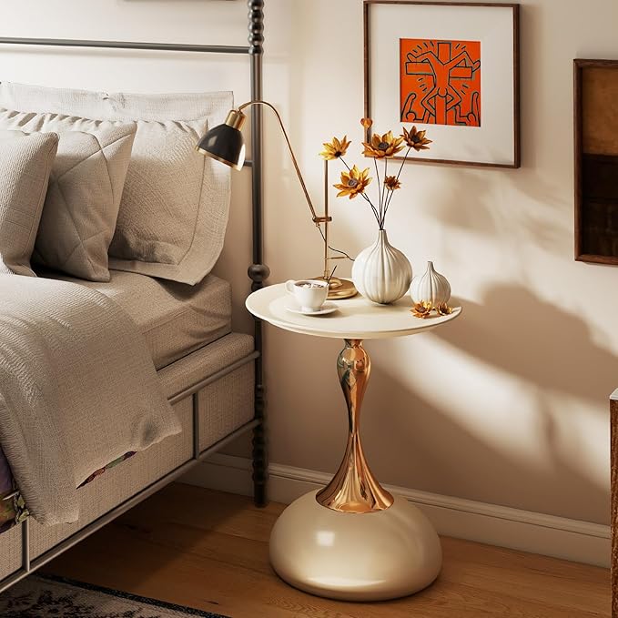 Metal Round End Table,Modern Pedestal Table,Corner Drink Tables,Accent Side Table Nightstand for Living Room,Patio and bar (Cream White)