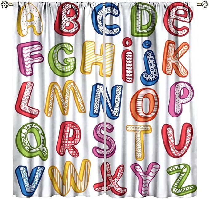 BAEKJIN Kids Educational Alphabet Curtains, Hand Drawn Colorful ABC Letters Pattern Print Decor Window Drapes for Bedroom Living Room 42x45 Inch