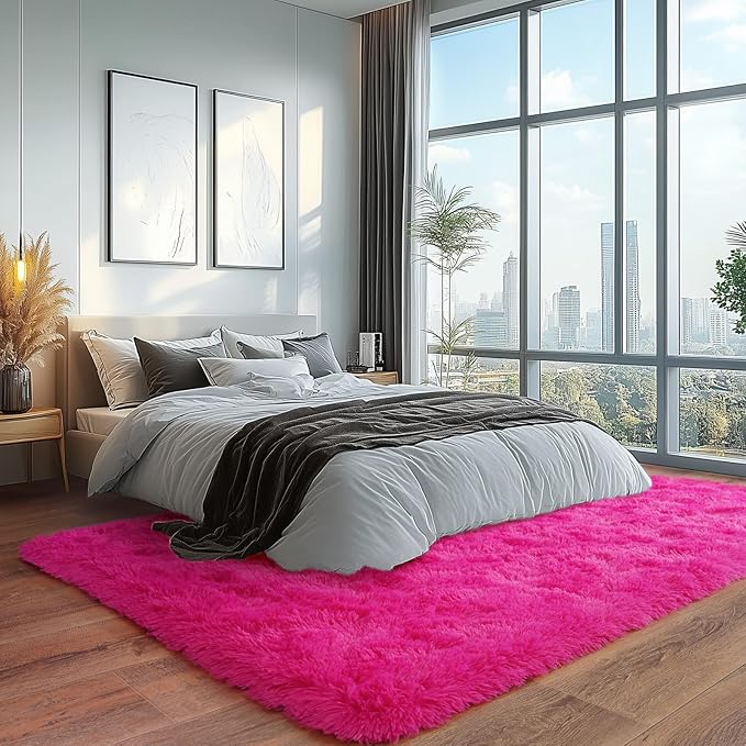 Fluffy Rug for Living Room,Furry Carpet for Teen,Shaggy Carpet for Nursery Room, Hot Pink Fuzzy Plush Rug for Dorm, Rectangle Shag Rug 9x12 Feet