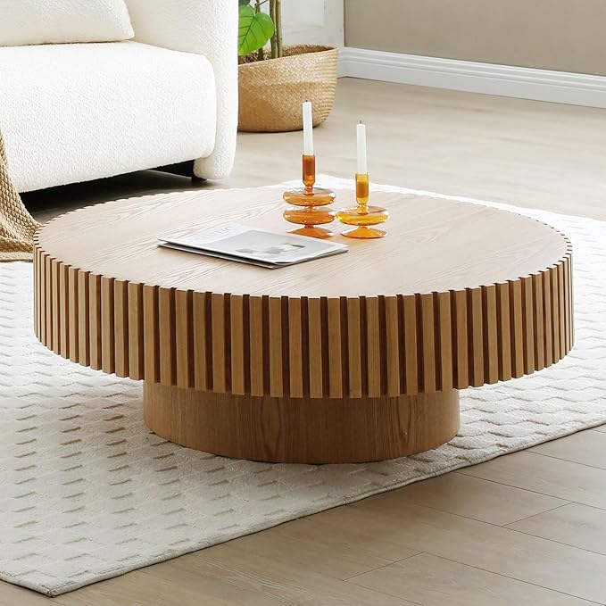 35.43" Modern Round Coffee Table,Handcraft Relief Drum Circle Wood Side End Accent Center for Living Room, Apartment, Oak