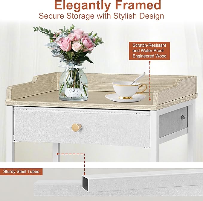 Small Side Table Stand with Storage Drawer, 4-Tier Narrow End Tables for Small Spaces, Skinny Nightstand for Living Room, Bedroom, Vanity Room, Office and Dorm Room, White&Natural