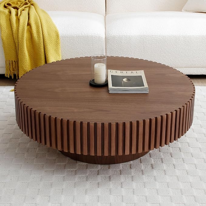 Round Coffee Table, Modern Wooden Coffee Table for Living Room, Farmhouse Circle Center Table, Drum Fluted Accent Tea End Table for Living Room, Apartment Small Space (35" Walnut)