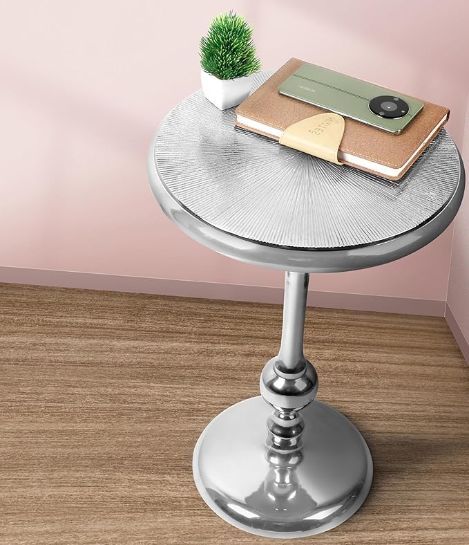 Alpha Living Home Round End Table, Modern Metal Alloy Accent Table for Living Room, Bedroom Nightstand, Small Side Table, Compact Space-Saving Furniture, Tool-Free Assembly 22" (Silver)