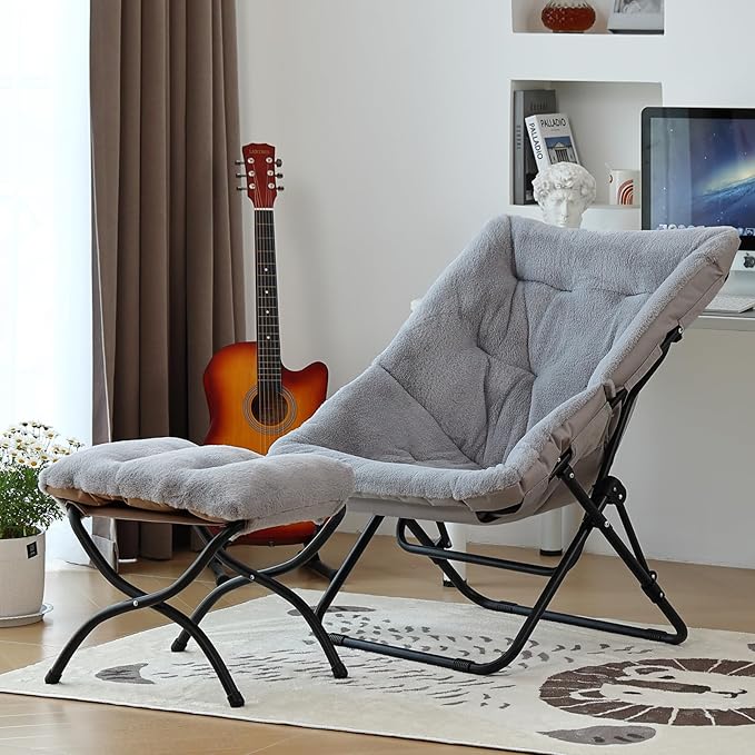 Comfy Folded Chair with Ottoman, Oversized Folding Faux Fur Chair Soft Furry Lounge Lazy Chair with Metal Frame Moon Chair Accent Chair for Bedroom, Living Room, Dorm Rooms