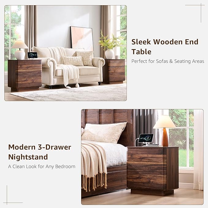 ACCOHOHO 22" Modern Nightstand with Charging Station, Push-to-Open Handleless 3 Drawers Bedside Table, Large End Table with Storage, Night Stand for Bedroom, Living Room, Curved Profile, Brown