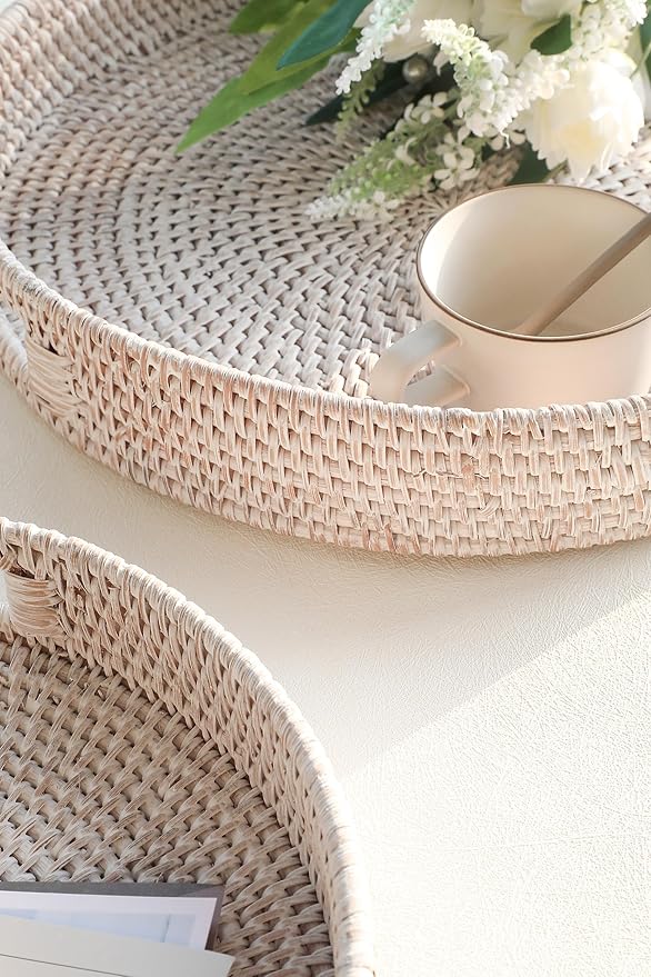 HITOMEN 14.2" Hand-Woven Round Rattan Serving Tray Decorative Ottoman Wicker Platter with Handles for Coffee Table, Breakfast, Drinks, Snack, Bread, Fruit, Vegetables (Whitewash-L)