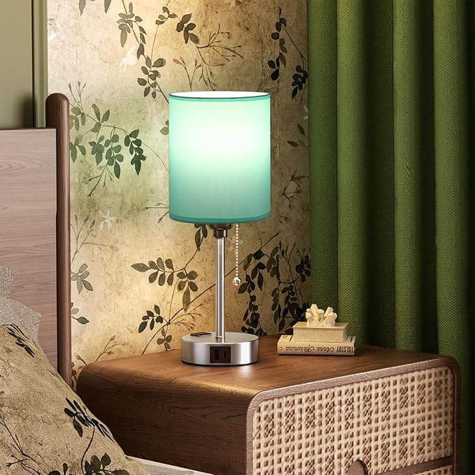 Teal Bedside Lamp for Nightstand - 3 Color Temperature Table Lamp with USB C and A Ports, Pull Chain Lamp for Bedroom with AC Outlet, Coastal Desk Lamp with Silver Metal Base for Kids Girls