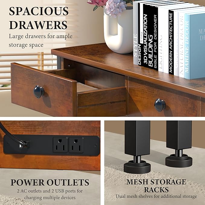 47" Narrow Console/Entryway Table with Storage & 3 Drawers & Outlets, for Sofa & Living Room, Hallway/Foyer/Couch/TV/ Aquarium Stand Table for Entryway with USB Ports, LED Light Strip,Perfect for Home