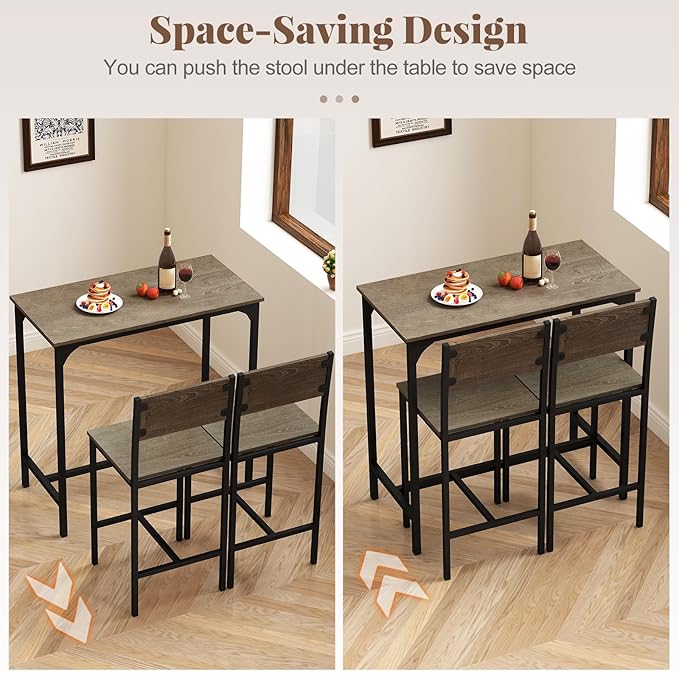 Giantex 3-Piece Bar Table and Chair Set with 2 Counter Height Bar Stools, Breakfast Nook Table Set for Small Space, Dinette, Pub, Kitchen, Apartment, Restaurant, Dining Table Set for 2 (Grey)