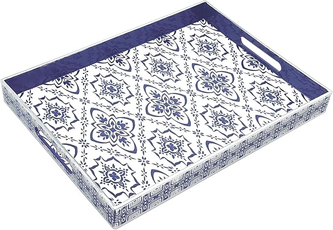 Serving Tray with Handles, 15.7 * 11.8 inches, Plastic Ottoman Tray with Exquisite Paintings, Trays for Coffee Table