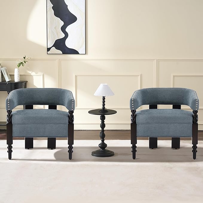 LOULENS Barrel Accent Chairs Set of 2, Vintage Linen Upholstered Lounge Chair with Solid Wood Legs, Comfy Leisure Side Armchair for Living Room, Bedroom, Reading Nook, Corner, Blue