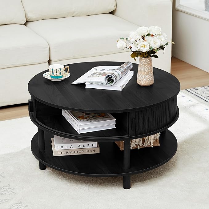 31.5” Round Coffee Table with Storage, Mid Century Modern 2 Tier Coffee Table with Tambour Sliding Door, Solid Wood Legs Fluted Center Table for Living Room Home Office Small Space, Black